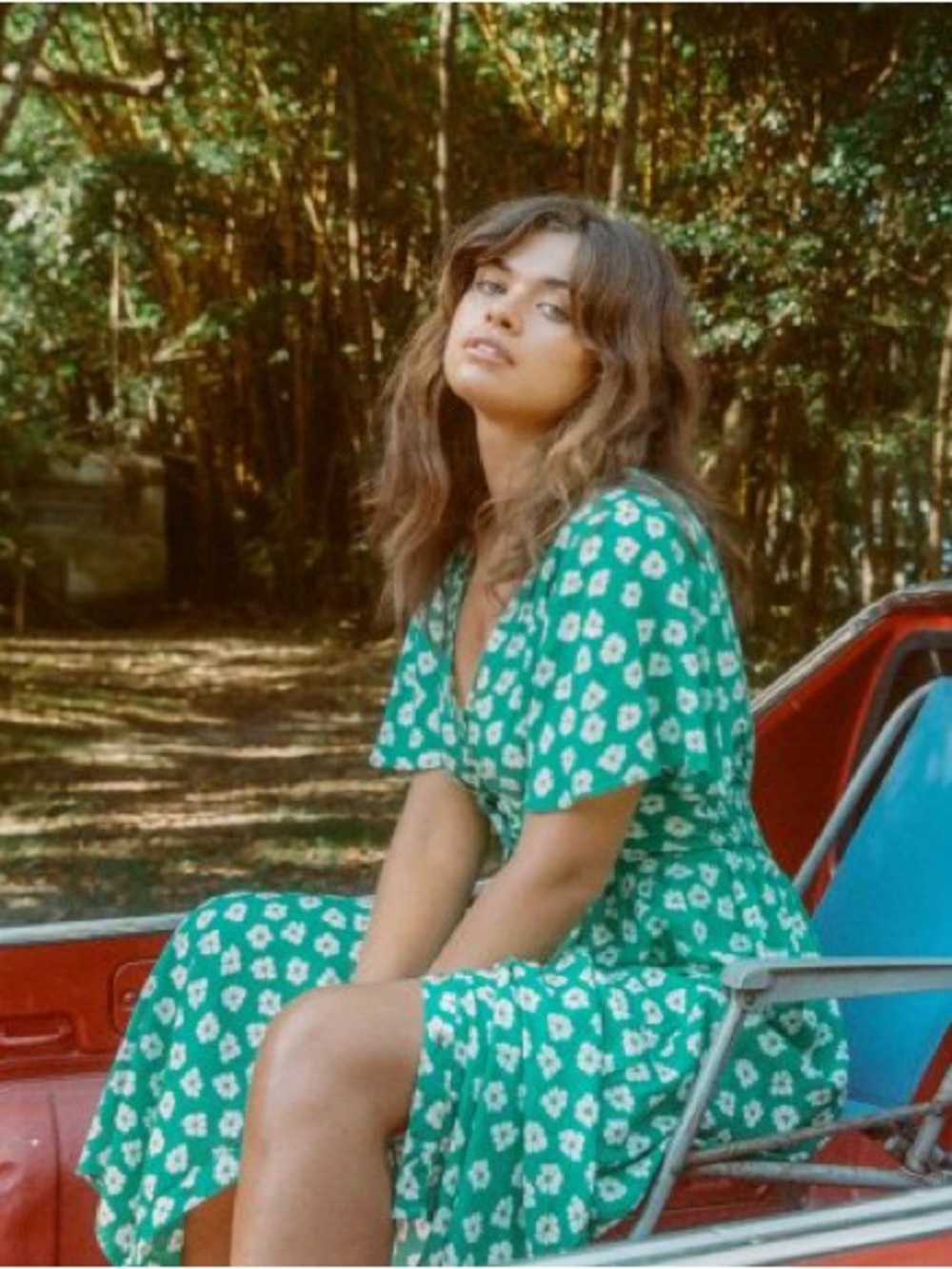 Billabong x wrangler Green Floral Maxi Dress with Short Sleeves